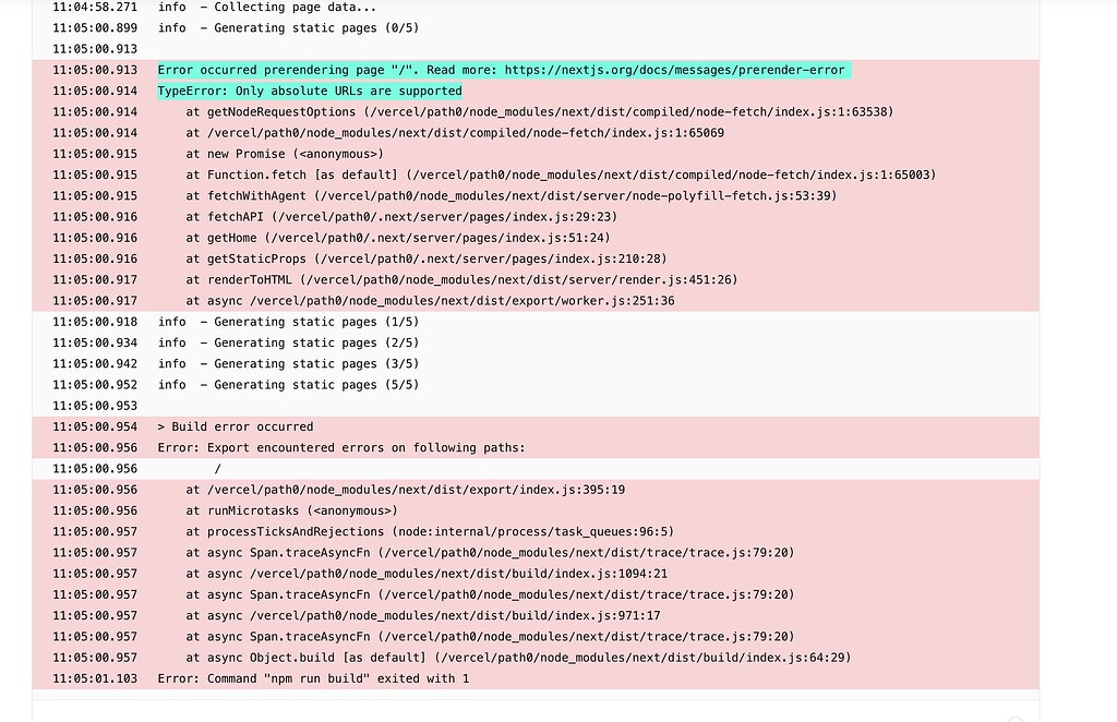 Vercel / NextJS Error Prerendering index. "Only absolute URLs are ...