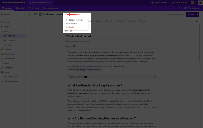Edit This is a test record   Blog Post collection  Content  next-marketing-demo  DatoCMS - 2025-07-10 09-33-54 AM